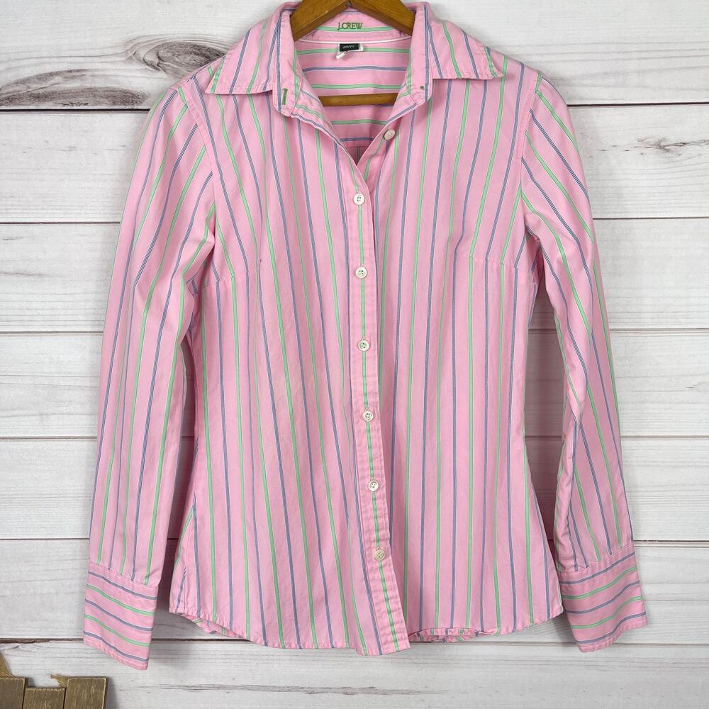 Womens J Crew Cotton Blouse Pink Green Stripe‎ Size XS Slim Fit